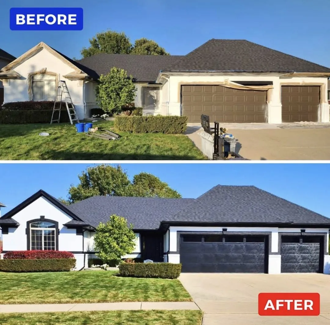 Before and after exterior repaint, white ranch home