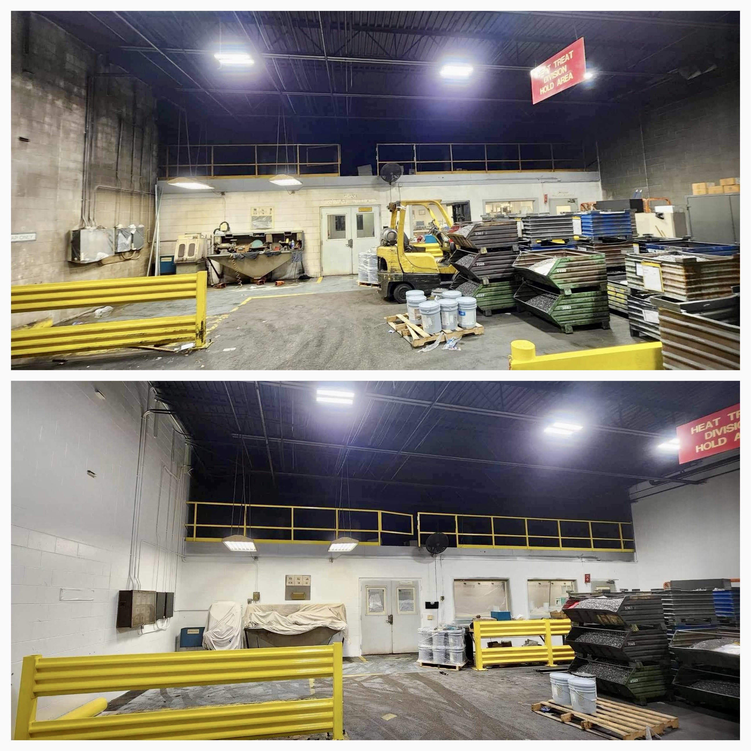 Before and after industrial painting in Detroit MI, warehouse block wall cleaned and repainted white by MK Pro Painting