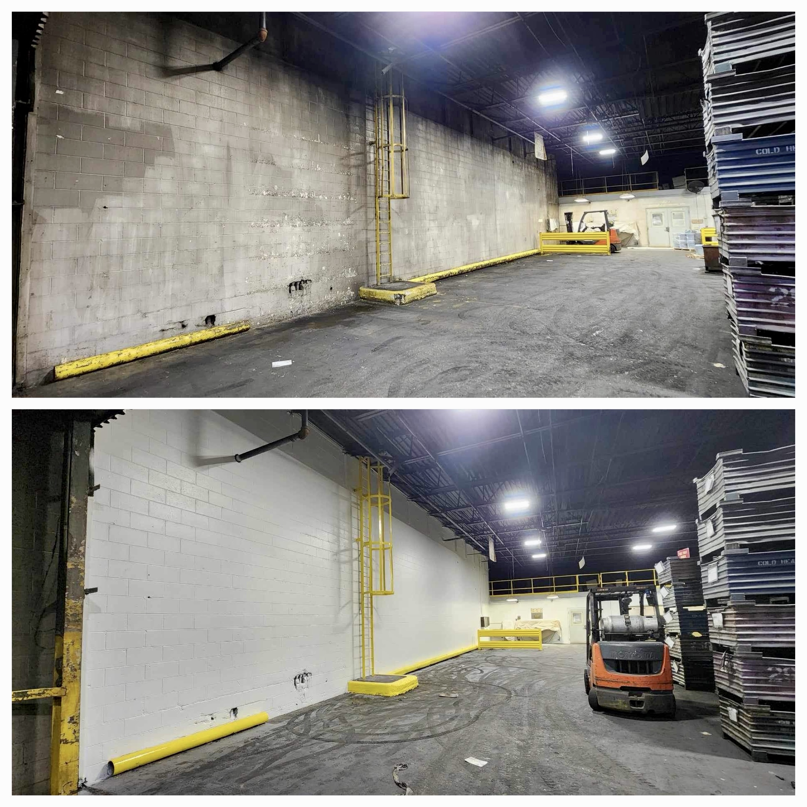 Before and after commercial painting in Detroit MI, industrial warehouse heat treat area with walls and ceiling repainted bright white by MK Pro Painting
