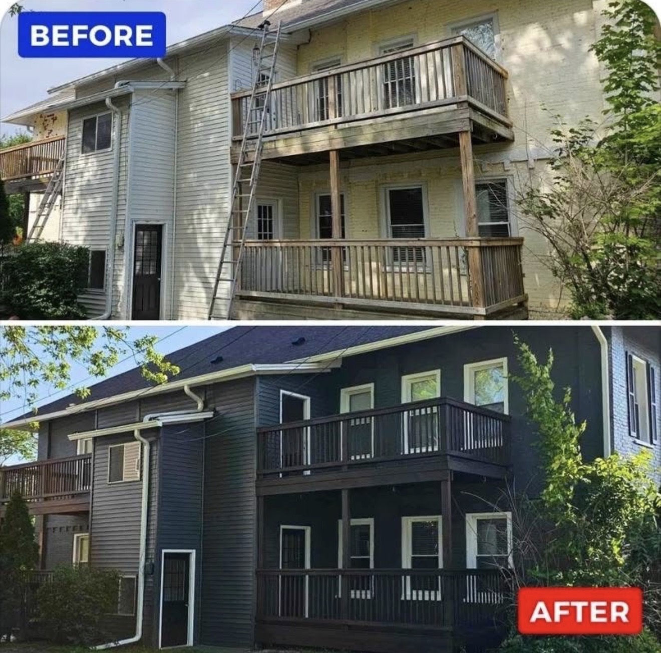 Before and after commercial painting in Lake Orion MI, multi-unit apartment complex repainted dark with white trim by MK Pro Painting
