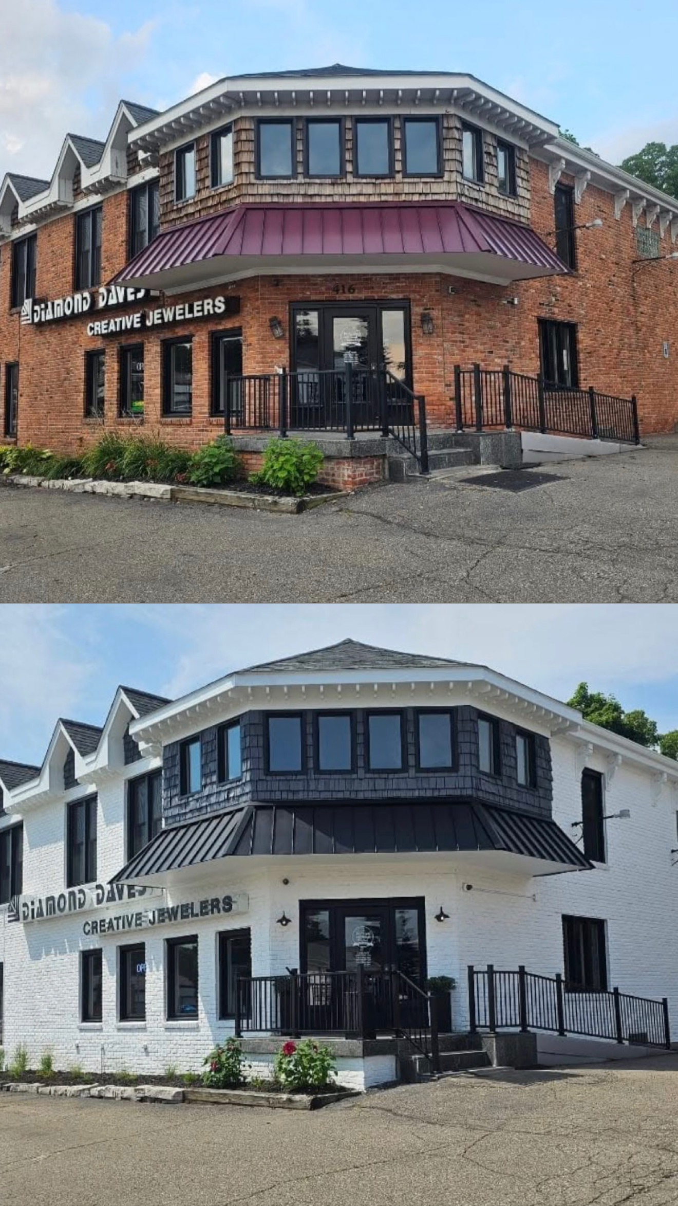 Commercial storefront painting before and after in Lake Orion MI, brick building repainted white with black trim by MK Pro Painting