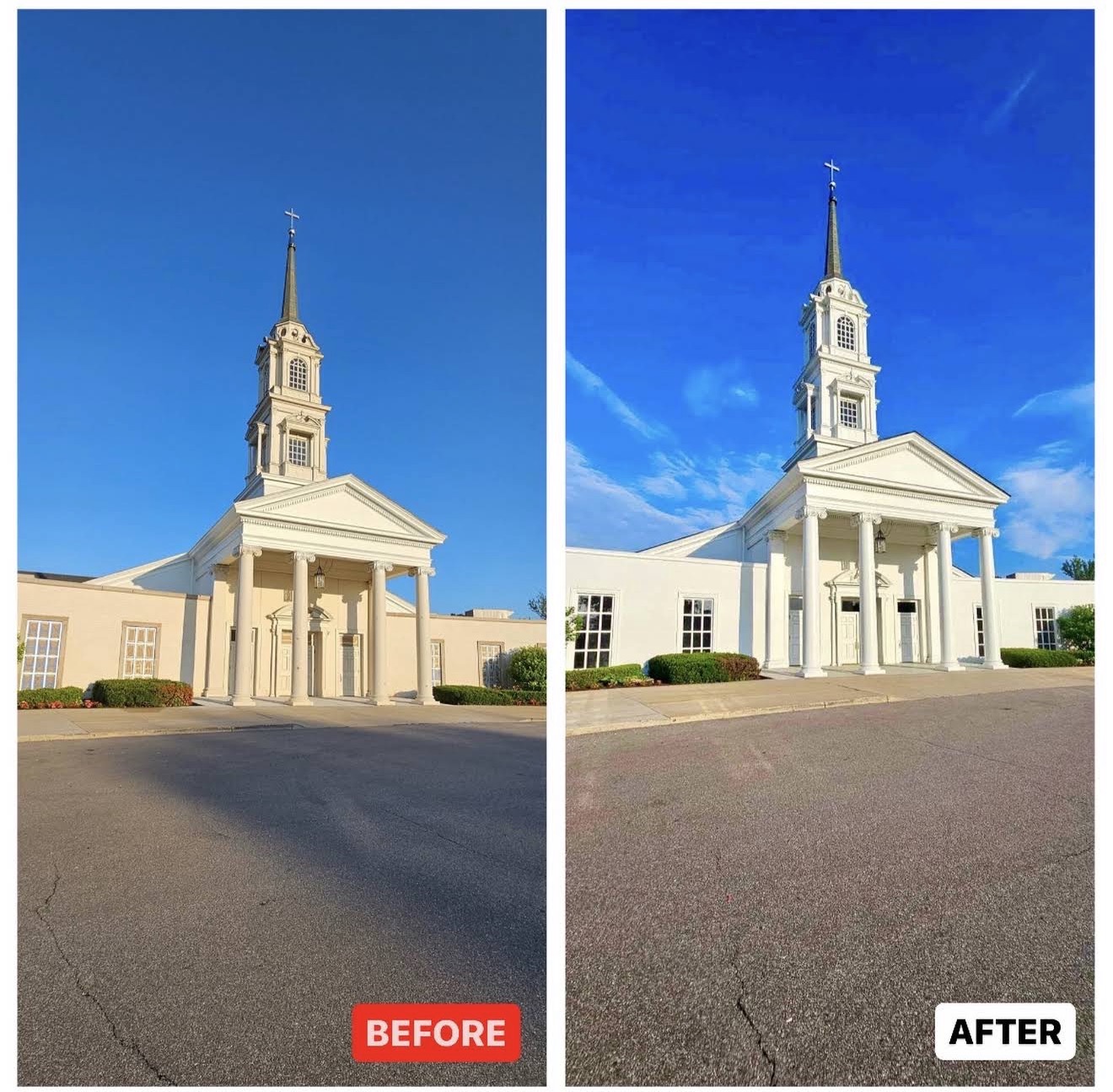 Before and after commercial painting in Rochester MI, church exterior and steeple repainted white by MK Pro Painting