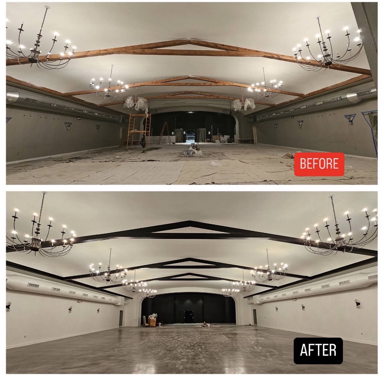 Before and after commercial interior painting in Rochester MI, large event space with exposed truss beams repainted black by MK Pro Painting