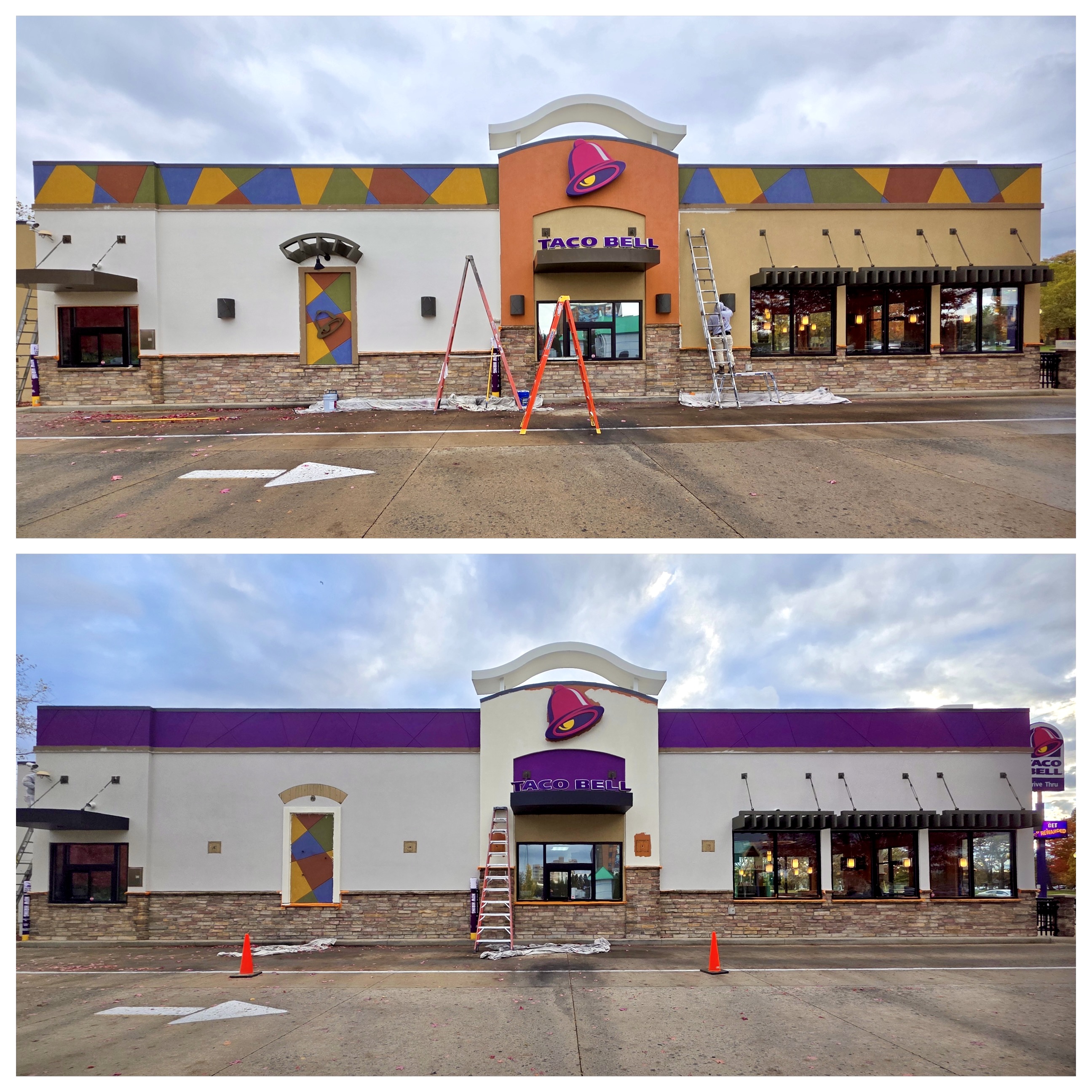 Before and after commercial painting in Troy MI, Taco Bell restaurant exterior repainted in updated white and purple branding by MK Pro Painting