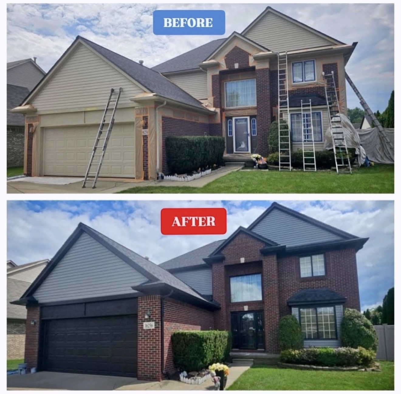 Exterior painting before and after of a brick colonial home in Oxford MI, updated with a dark modern color scheme by MK Pro Painting