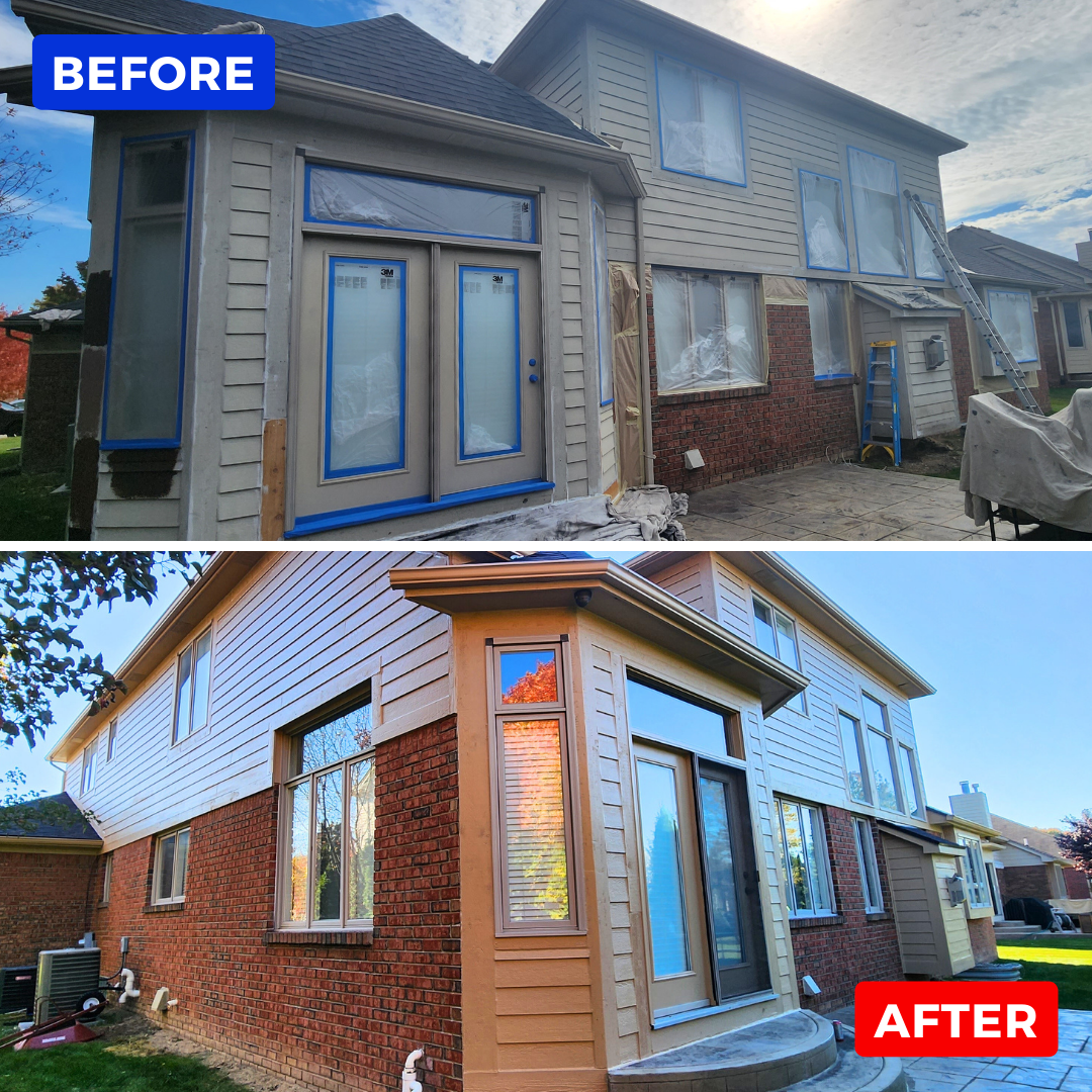 Before and after exterior painting in Lake Orion MI, brick home and sunroom repainted with a warm brown and gold scheme by MK Pro Painting