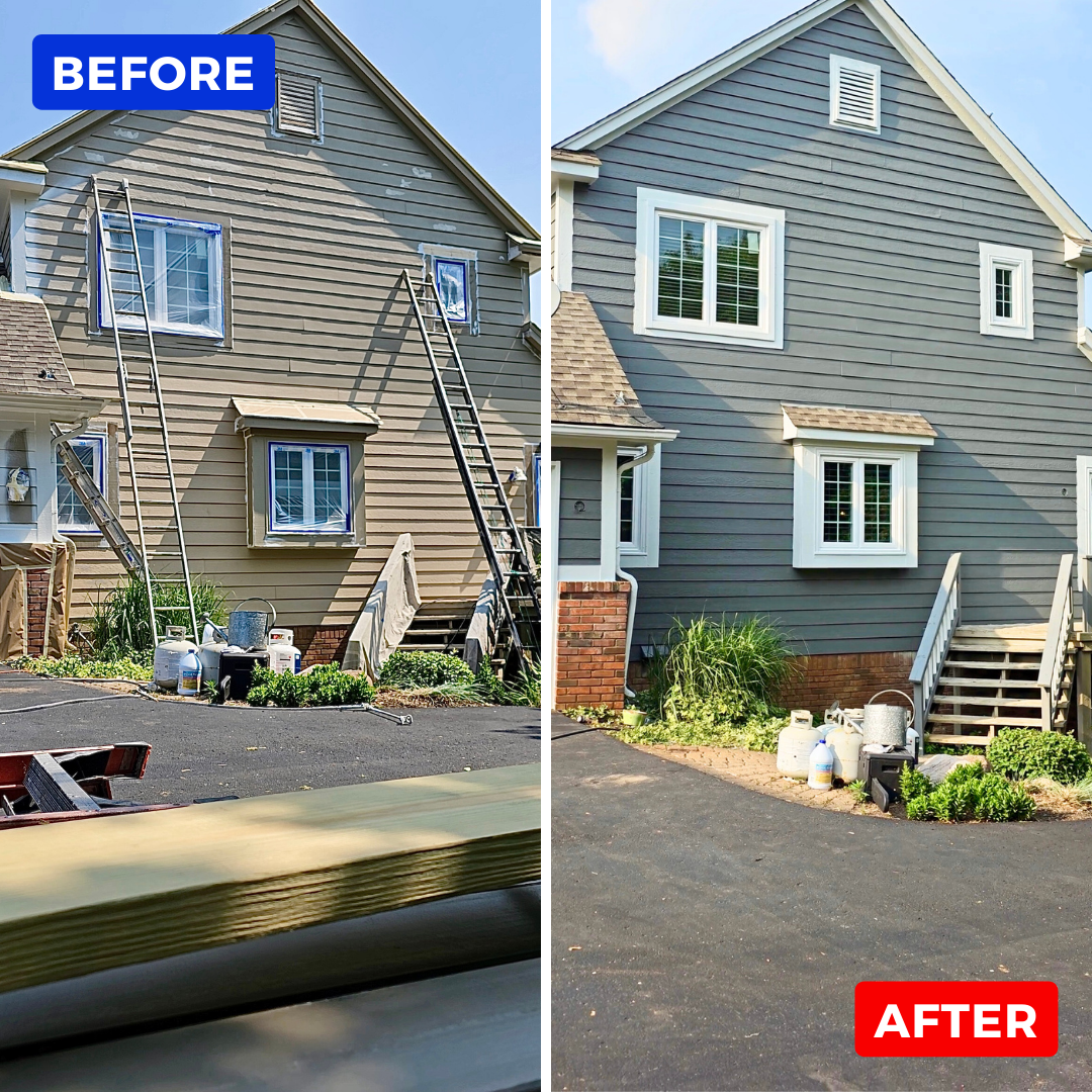 Exterior house painting before and after in Lake Orion MI, siding repainted gray with crisp white window trim by MK Pro Painting