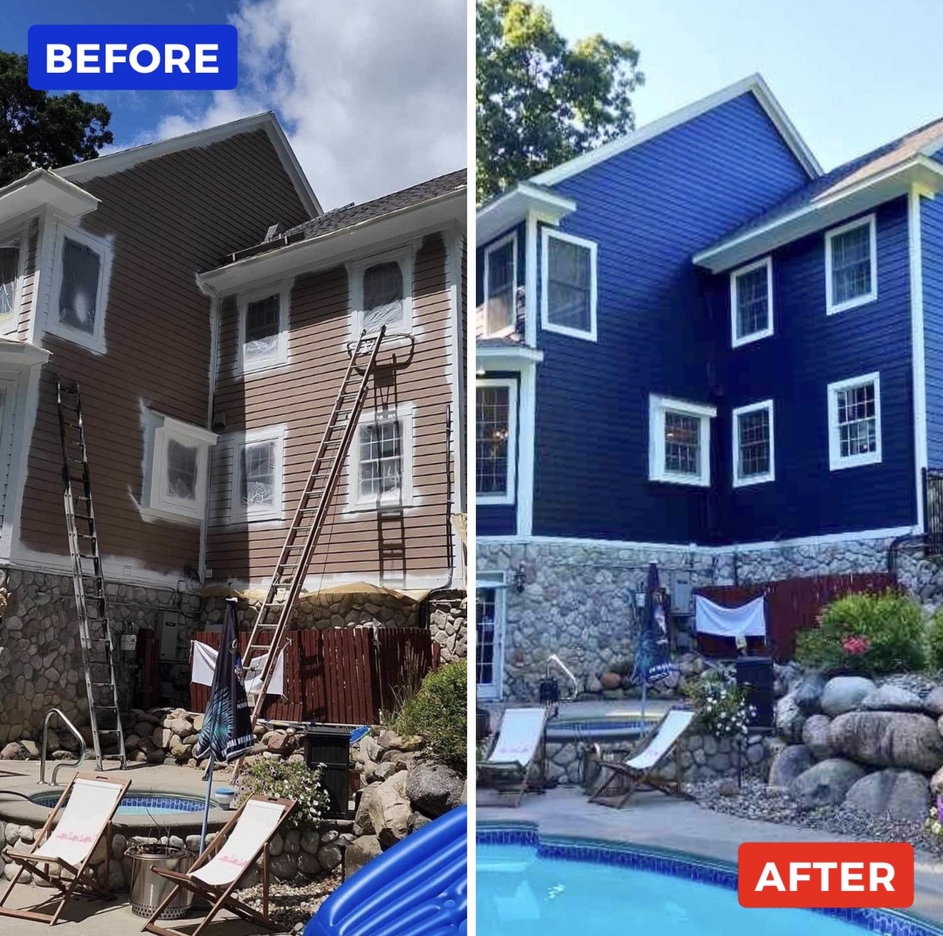 Exterior house painting transformation in Lake Orion MI, wood siding repainted deep navy blue by MK Pro Painting