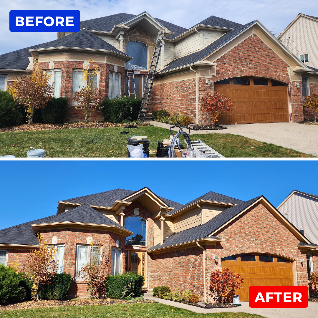Before and after exterior painting in Washington Township MI, brick two-story home with trim and siding repainted warm gold by MK Pro Painting