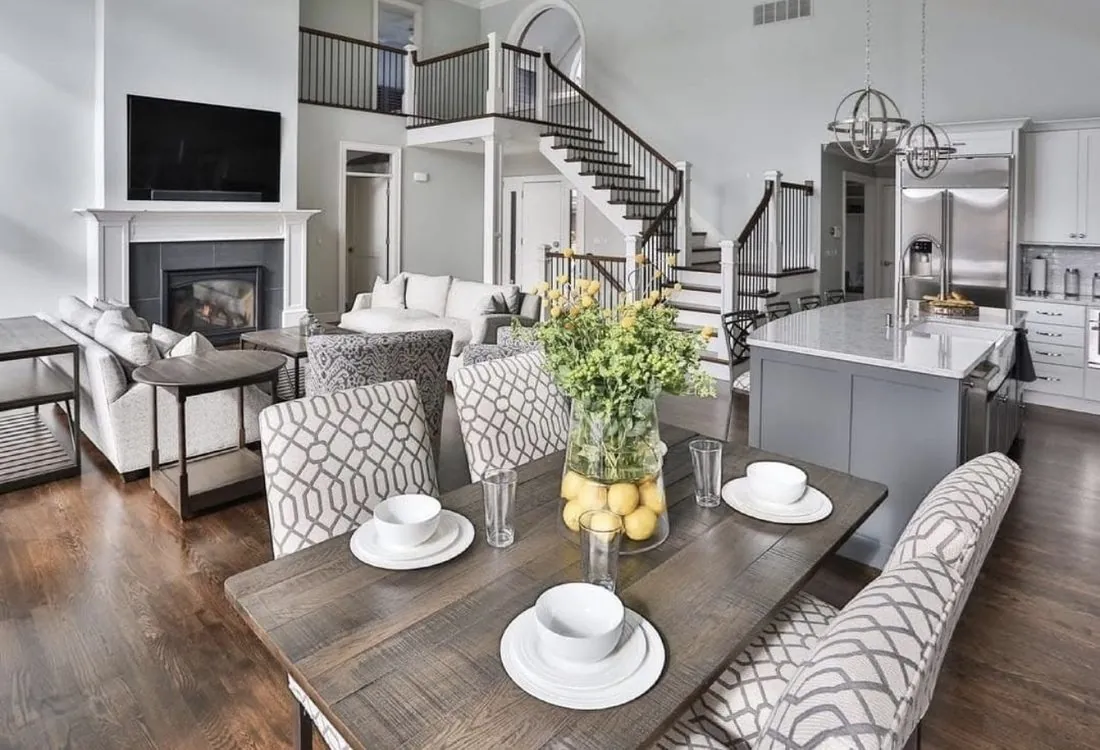 Open concept living, dining and kitchen freshly painted