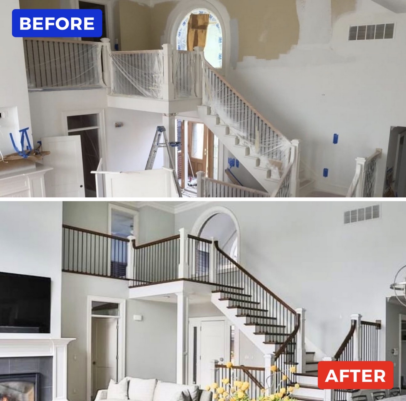 Before and after interior painting in Washington Township MI, two-story foyer and staircase repainted with detailed trim and railing work by MK Pro Painting